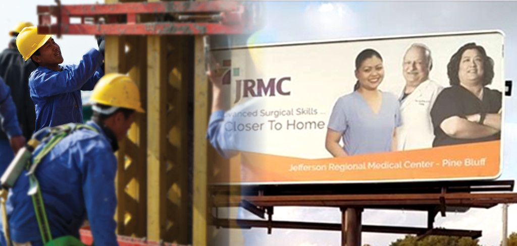 Collage of various overseas workers with different jobs while working